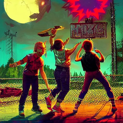 Image similar to young punk rockers fighting against zombies at the playground, by baseball bat in the retro wave stranger things style, neon colors, hyper detailed, digital art, cinematic lighting, concept art by artgerm and greg rutkowski and caravaggio and moebius and jakub rebelka, 8 k