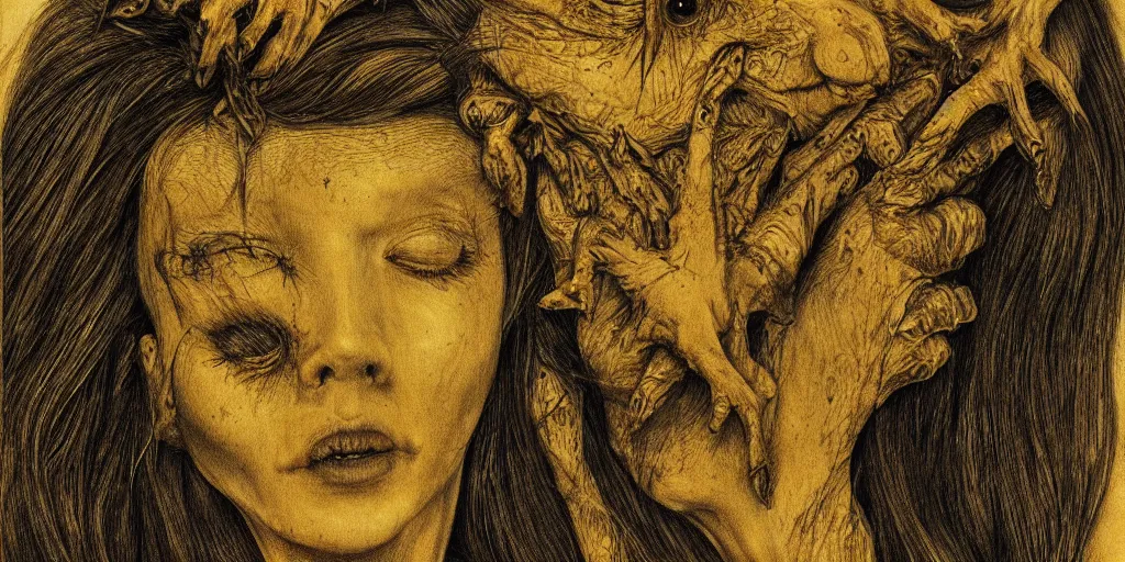 Image similar to realistic portrait of creatures from nightmares, drawn, golden, 1450, ink, ultra realistic, 8k