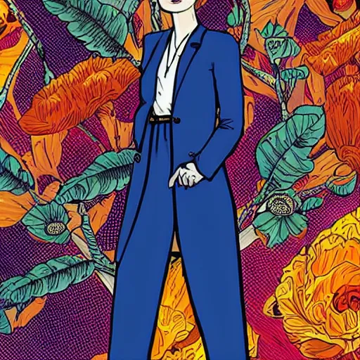 Image similar to rosamund pike with dark - hair as the doctor, wearing a colourful floral pattern three - piece suit, complementary colours, 2 d matte, graphic novel, art by laurie greasley and ardian syaf,