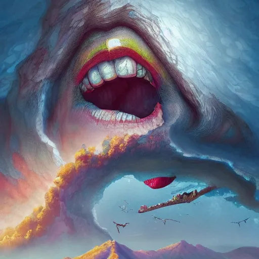 Image similar to giant mouth eats the earth, acrilic paint, digital, artstation, detailed intricate ink illustration, heavenly atmosphere, digital art, overdetailed art, concept art, complementing colors, trending on artstation, cgstudio, the most beautiful image ever created, dramatic, subtle, details, award winning artwork, beautiful scenery