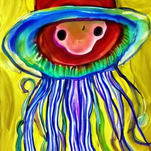 Image similar to jellyfish wearing a sombrero at a party, expressionism