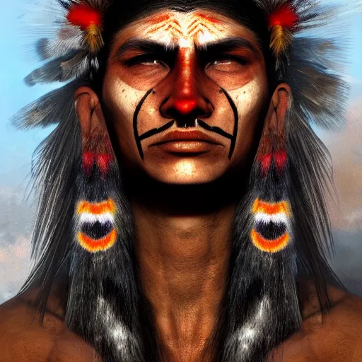 Image similar to a the face of a comanche warrior in full warpaint looking softly forward, outdoor lighting, 8k, masterpiece, trending on artstation