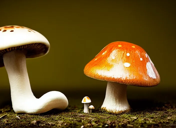 Image similar to a cute creature sitting next to a mushroom, realistic, very detailed, complex, intricate, studio lighting, superres sharpening, bokeh, sigma 5 0 mm f 1. 4, 1 9 2 0 period drama by bussiere rutkowski andreas rocha