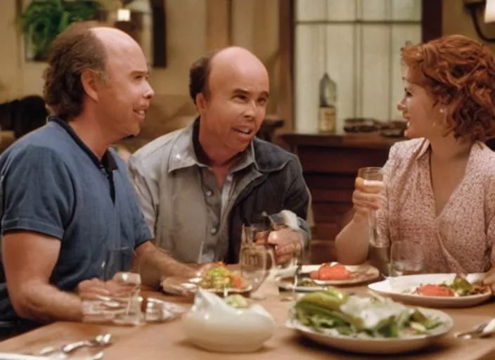 Image similar to film still of Clint Howard and Isla Fischer having dinner in the new You've Got Mail movie, 4k