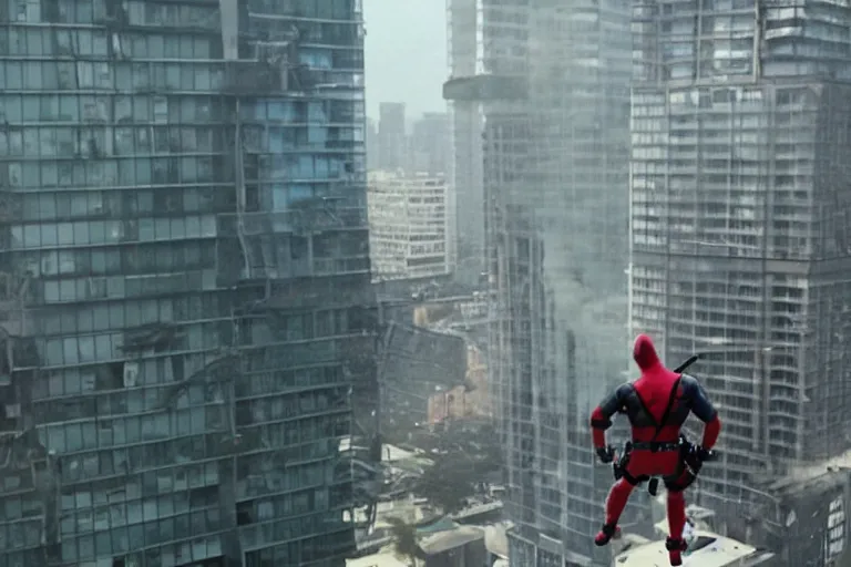 Prompt: Deadpool leaps off helicopter and smashes through high rise window by Emmanuel Lubezki