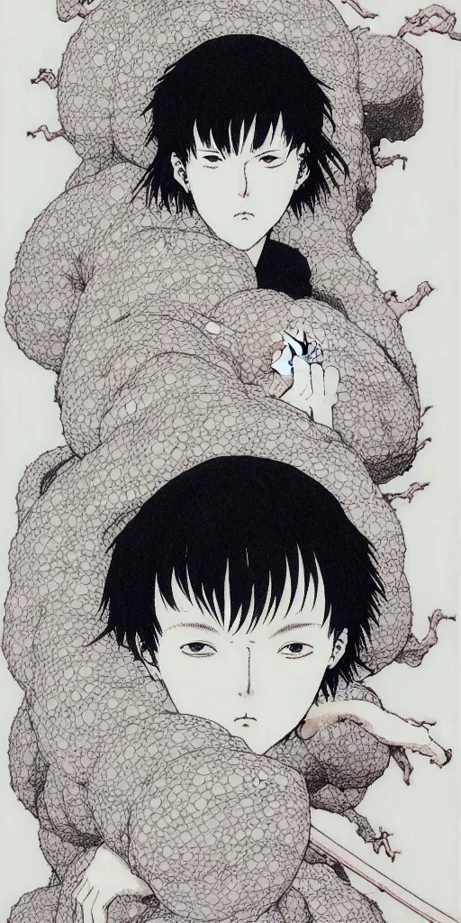 Image similar to prompt: Fragile looking figure, portrait face drawn by Takato Yamamoto and Katsuhiro Otomo, full body character drawing, inspired by Evangeleon and Akira 1988, clean ink detailed line drawing, intricate detail, manga 1980, portrait centric composition