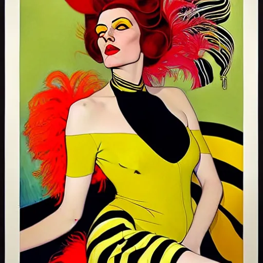 Image similar to art by joshua middleton, a medium shot portrait of the golden creeper, a tall manically smiling yellow - skinned woman with green and black striped cycling shorts and wearing a long red and black striped ostrich feather boa, yellow makeup, mucha, kandinsky, poster, art deco motifs, comic art, stylised design, scarlet feather boa