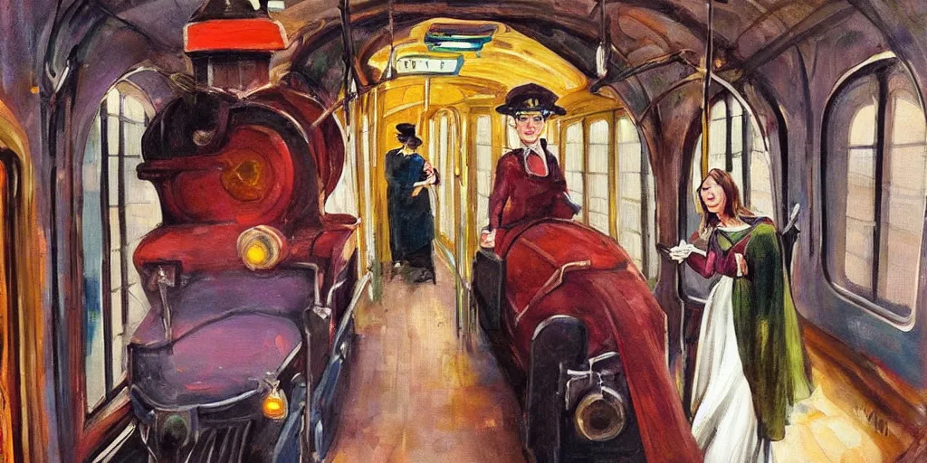 Image similar to mysterious painting of Hogwarts train and a beautiful female conductor