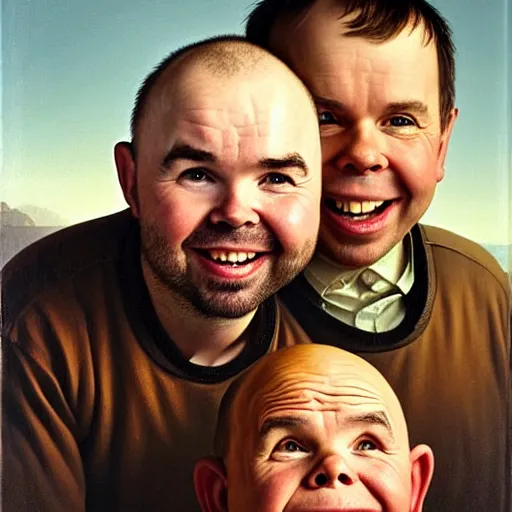 Prompt: oil portrait of karl pilkington and warwick davis, best friends on a travel show. oil painting, highly detailed, centered, artstation, concept art, smooth, sharp focus, illustration, artgerm, vermeer, hans peter mohrbacher, donato giancola, joseph christian leyendecker, drew struzan