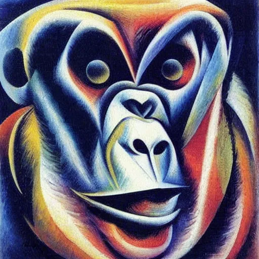 Image similar to cubo - futurism art portrait of an ape monkey by umberto boccioni, futuristic very abstract style painting, futurism art movement