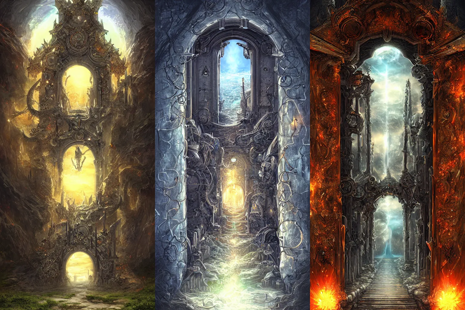Prompt: The gate to the eternal kingdom of technology, fantasy, digital art, HD, detailed.