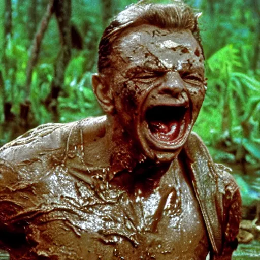 Image similar to cinematic still of frank sinatra, covered in mud and watching a predator in a swamp in 1 9 8 7 movie predator, hd, 4 k