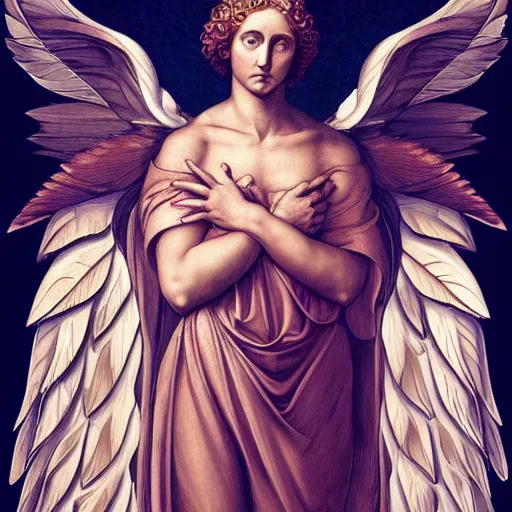 Prompt: A beautiful symmetrical portrait of a biblical angel by michaelangelo with large feathery symmetrical wings and a halo of light and a full body robed figure. Seven angels fly overhead blowing brass trumpets. HD high detail 4k trending on artstation in the style of Android Jones