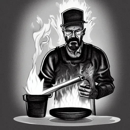 Prompt: black and white pencil sketch cartoon drawing of walter white cooking a pizza with a blowtorch
