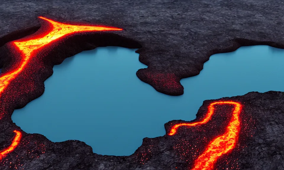 Image similar to An island that is half volcanic landscape covered with lava and half cold glacial landscape, 8k, cinematic, octane render, intricate