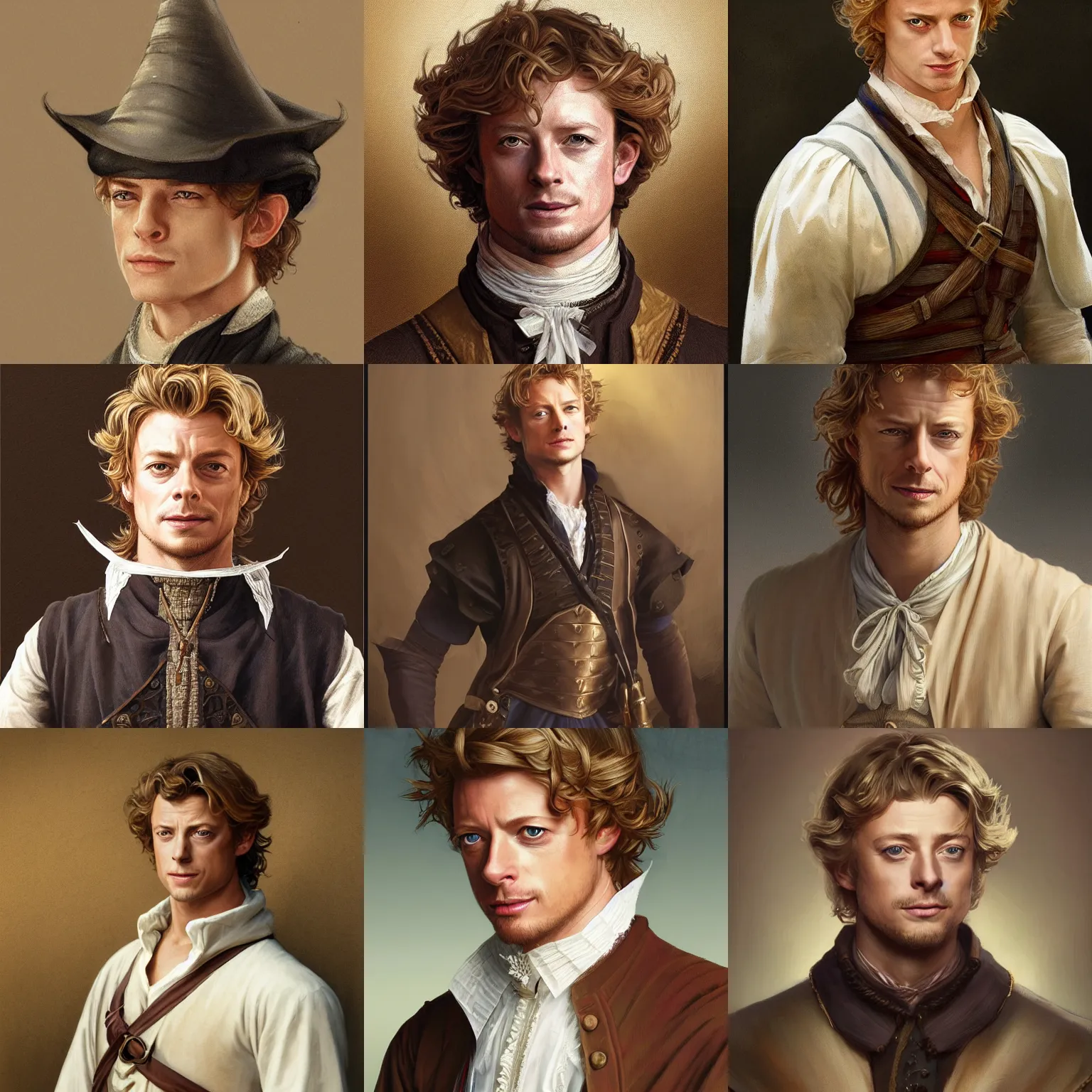 Prompt: a young man wearing 16th century clothes, sly expression, blonde, young simon baker, headshot, D&D, fantasy, portrait, highly detailed, digital painting, artstation, concept art, sharp focus, illustration, art by artgerm and greg rutkowski and alphonse mucha