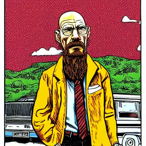 Image similar to The Artwork of R. Crumb and his Cheap Suit Breaking-Bad-Walter-White, pencil and colored marker artwork, trailer-trash lifestyle