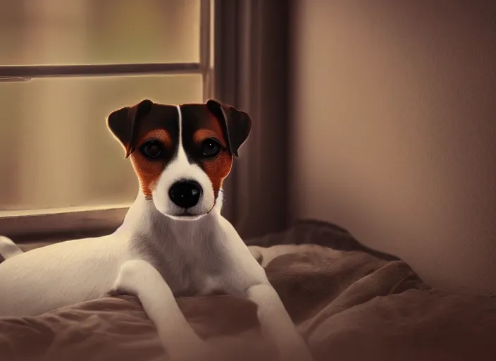 Image similar to photography of a jack russel. watching outside the window. on a bed. in a vintage room full of vinyls and posters., volumetric light, photorealistic,, award winning photo, 1 0 0 mm, sharp, high res