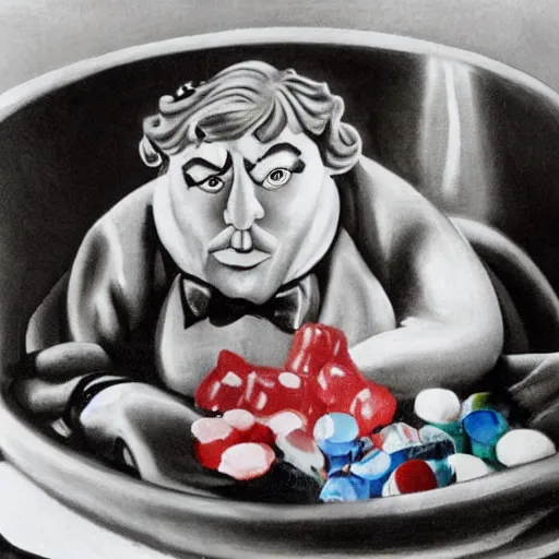 Image similar to john candy in a bowl of candy, high detail