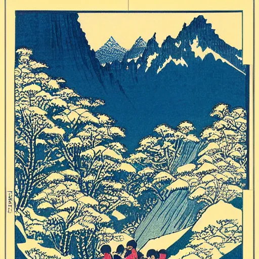 Image similar to Lauterbrunnen in the summer. woodblock print by Hokusai, masterpiece