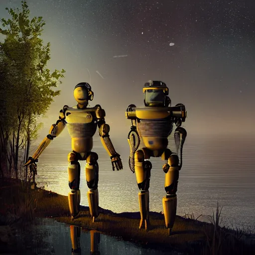 Prompt: Beautiful cinematic scene of a couple of two damaged and broken humanoid robots standing near a river, at night, peaceful, science fiction, award-winning, cinematic lighting, insanely detailed, very realistic, Artstation, Cgsociety, by Simon Stalenhag, directed by Denis Villeneuve, filmic