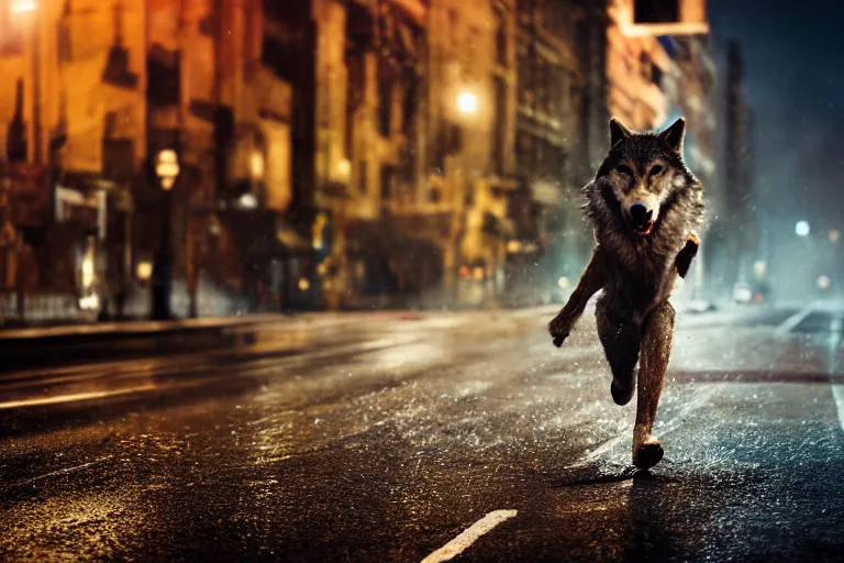 Image similar to an anthropomorphic male wolf running in the streets, night, rain, cinematic, photograph, volumetric lighting, f 8 aperture, cinematic eastman 5 3 8 4 film, photorealistic