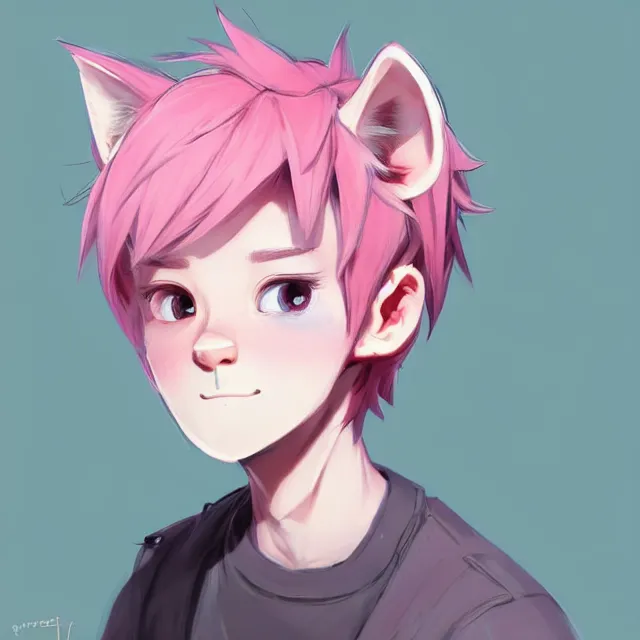 Prompt: character concept art of a cute boy with pink hair and pink wolf ears and freckles | | cute - fine - face, pretty face, key visual, realistic shaded perfect face, fine details by stanley artgerm lau, wlop, rossdraws, james jean, andrei riabovitchev, marc simonetti, and sakimichan, trending on artstation