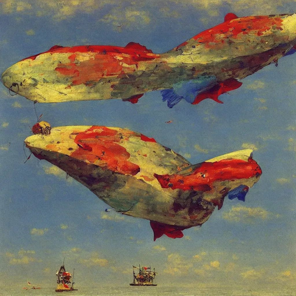 Prompt: a huge colorful flying zepplin shaped like a fish, from below, 1905, colorful highly detailed oil on canvas, by Ilya Repin