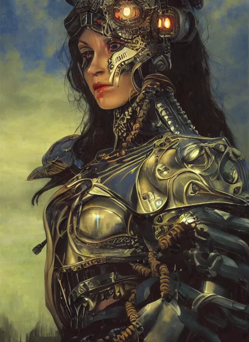 Image similar to symmetry! middle closeup of a biblical diabolical pirate girl! stylish cyborg mimick armor, heavy eyes to the side, closeup, bright glowing eyes, in clouds, rain, sunset, portrait, by gerald brom, by mikhail vrubel, by peter elson, muted colors, extreme detail, mirrors, trending on artstation, 8 k