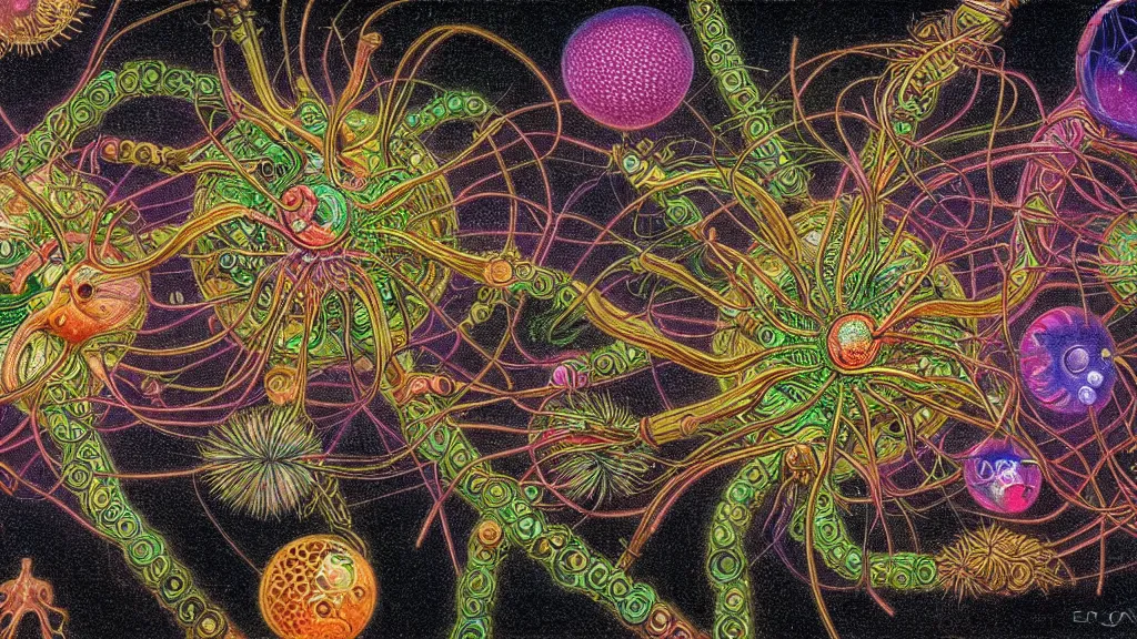 Image similar to quantum connections represented as symbiotic organisms like cells playing around with colorful lights by ernst haeckel, hyperrealistic