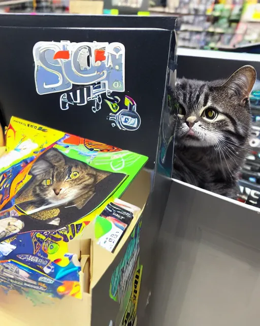 Image similar to Photo of a GPU box sitting on a store shelf in microcenter with a silly artwork of a cat flying a UFO printed on the box