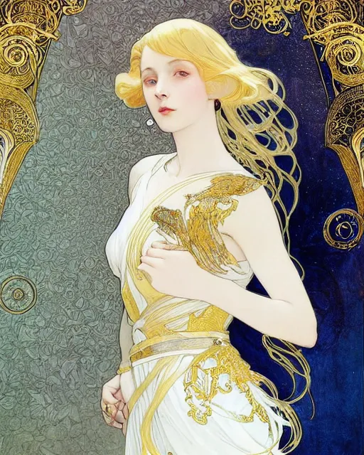 Prompt: portrait of an ethereal woman with pale hair and gold eyes wearing a flowing white and gold gown surrounded by wing motifs, ilya kuvshinov, greg rutkowski, anime, alphonse mucha, kay nielsen, intricate, digital painting, concept art