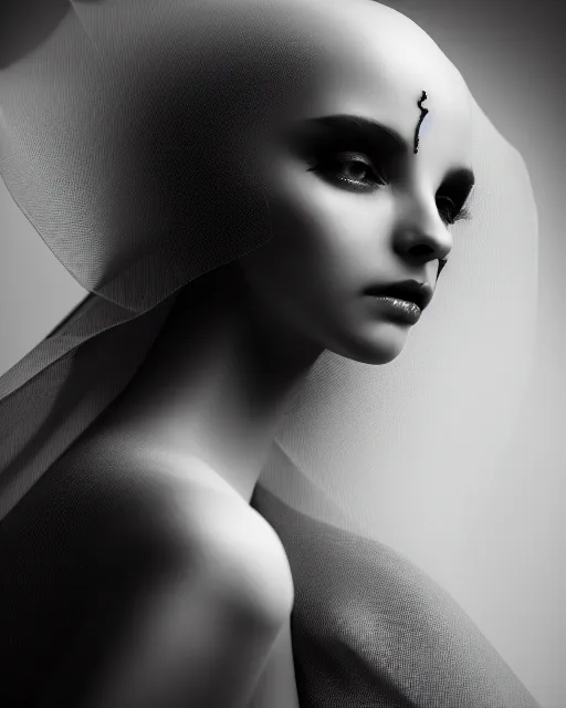 Image similar to surreal mythical dreamy dark artistic black and white fine art 3 / 4 fashion portrait photo of a young beautiful delicate female robot - witch, rim light, cinematic, studio dramatic light, poetic, masterpiece, octane render, 8 k, photo - realistic by gustave dore william black