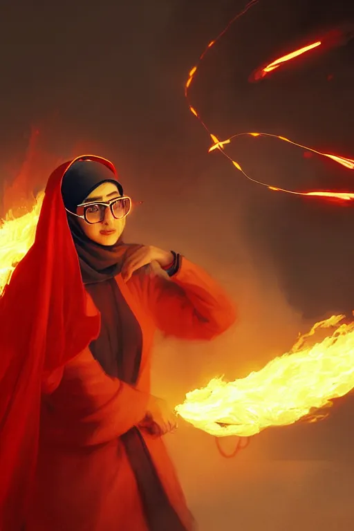 Prompt: character art by ruan jia, young hyderabadi muslim woman wearing red niqab wayfarer glasses and red baseball hat, on fire, fire powers, room filled with wiring and electronics with monitors