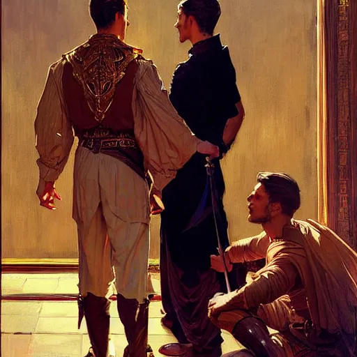 Image similar to attractive fully clothed king confesses his love for his attractive fully clothed male prince. highly detailed painting by j. c. leyendecker, craig mullins, gaston bussiere, mark brooks