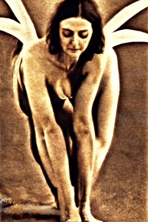 Image similar to old realistic photo of an hippie woman as an evil angel doing yoga, photograph, color picture, late 1 9 6 0's, highly detailed, matte, sharp focus, smooth, sharp focus, illustration
