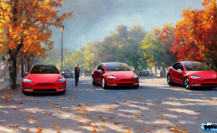 Image similar to new tesla model s on an autumn street by vladimir volegov