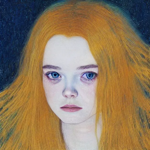 Prompt: Painting of Elle Fanning in orange tornado, long blonde hair, delicate, pale milky white porcelain skin, by Klimt. 8K. Extremely detailed.