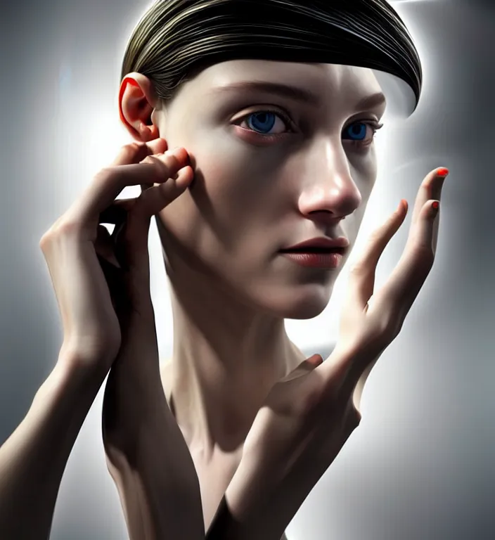 Image similar to hyperrealism photography computer simulation visualisation of parallel universe cgi scene with beautiful highly detailed ukrainian woman by caravaggio wearing neofuturistic neural interface by josan gonzalez - s 1 5 0