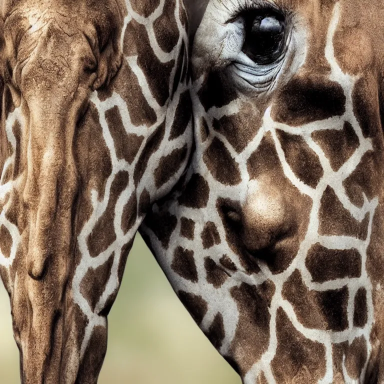 Image similar to extreme close - up portrait octane render by wayne barlow and carlo crivelli and glenn fabry, a giant tall giraffe wearing a silver helmet, inside an african savannah, very short depth of field, bokeh