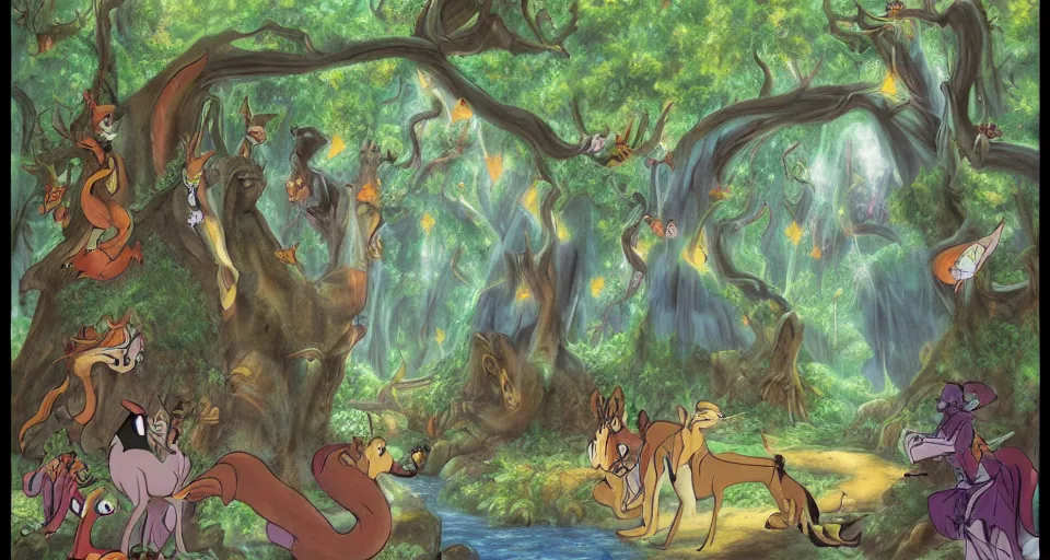 Prompt: Enchanted and magic forest, by don bluth