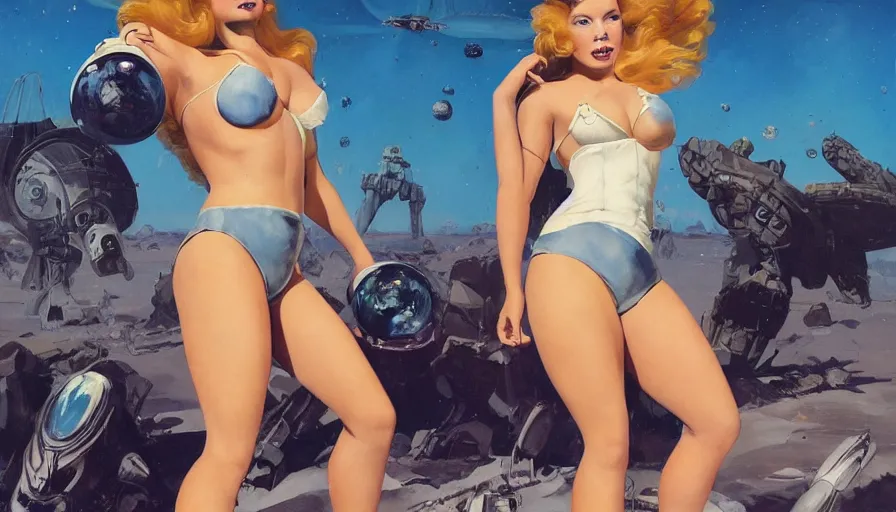 Image similar to A mixed media portrait painting of a beautiful blonde brunette woman exploring an alien planet, very curvy, aesthetic! high-waisted white-bikini-armor and boots, holding raygun, aesthetic symmetrical face and eyes, model, Scandinavian, wet, discarded mechsuit in background, by Frank Frazetta, Boris Vallejo, Beeple, Greg Rutkowski, Christian MacNevin, eighties-pinup style, epic fantasy character art, high fantasy, CGsociety, exquisite detail, post-processing, masterpiece, cinematic