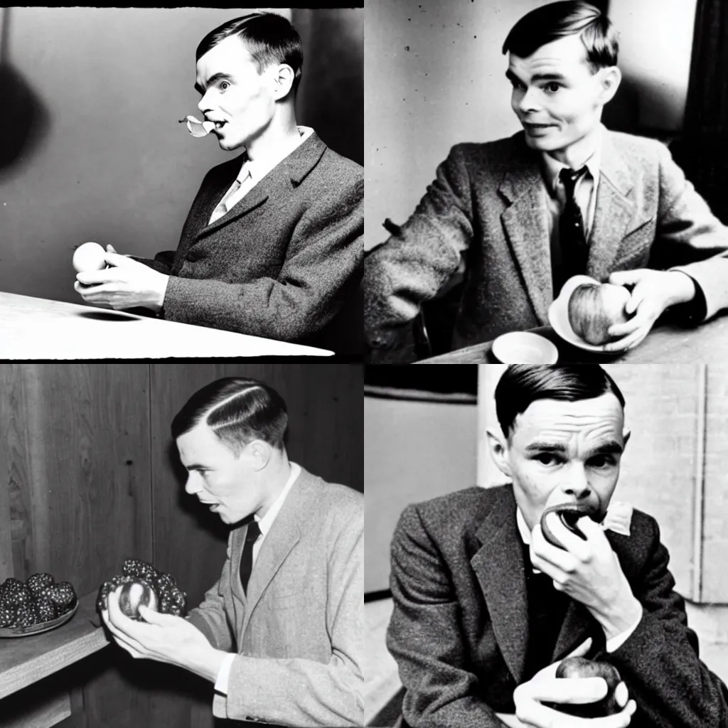 Prompt: A historical photo of Alan Turing eating an apple.