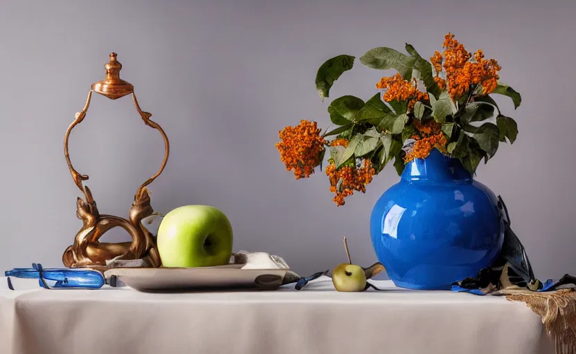 Image similar to Realistic still lifes photo studio, porcelain vase, apple, blue flowers, bottle of wine, skull, copper cup, golden hour 8k,High definition, ultra detailed