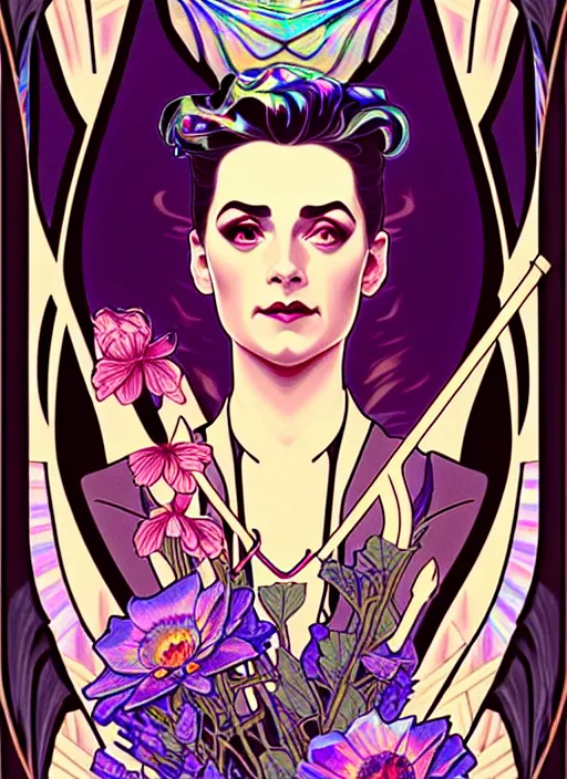 Image similar to twin peaks agent cooper, rococo and art nouveau fusion, iridescent diaphanous refractive and reflective flower bouquet, tarot card, highly detailed, deep focus, elegant, digital painting, smooth, sharp focus, illustration, ultra realistic, 8 k, art by artgerm and alphonse mucha
