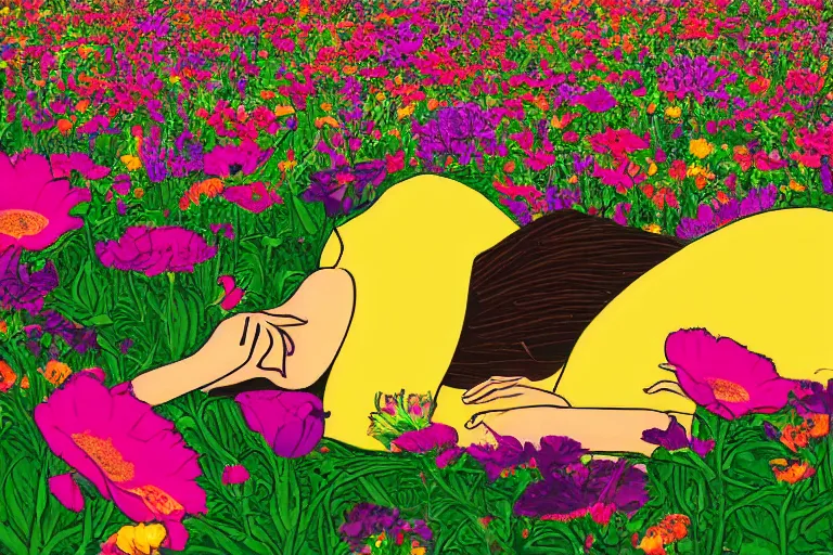 Prompt: close-up flower field with sleeping woman, retrofuturism