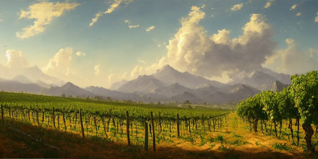 Image similar to A painting of winery. The vineyards are sprawling and green, with a river winding through them. In the distance, there are mountains. by bob ross, Albert Bierstadt, immaculate scale, hyper-realistic, trending on Artstation, 8k, detailed, atmospheric, immaculate