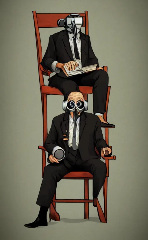 Image similar to old, man, work, vintage suit, sittin, chair, book, gasmask, do, what, we, can, then, leave, it, to, god, non fiction, stability, intricate, elegant, 8 k, uhd, justify content center, artstation, concept art, matte, sharp focus, illustration, consistent, one object content