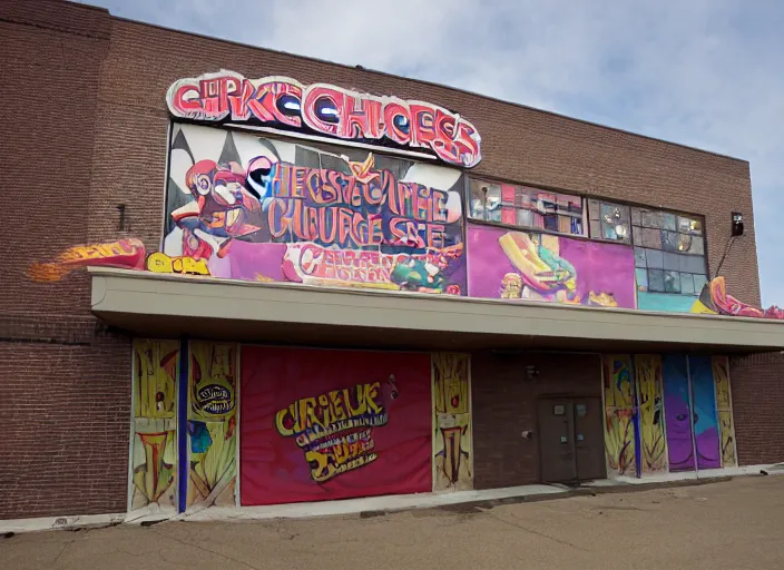 Image similar to the outside of the building for a circus themed Chuck E. Cheese’s play place. It’s permanently shut down, abandoned, Wisconsin, out of business Chuck E. Cheese building, got shut down because the mascot scared kids