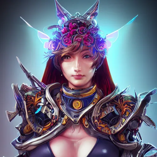 Image similar to studio portrait of lawful good colorful female holy mecha paladin absurdly beautiful, elegant, young sensual graceful woman, ultrafine hyperrealistic detailed face illustration by kim jung gi, irakli nadar, intricate linework, sharp focus, bright colors, matte, octopath traveler, final fantasy, unreal engine highly rendered, global illumination, radiant light, intricate environment